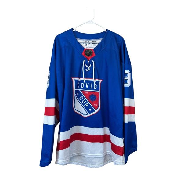 Covid Cup 2022 Mens League Sweaters Hockey Jersey XL #9 Red White Blue Team Fan - Picture 1 of 6